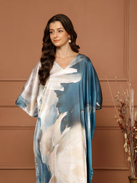 Women’s Beige & Blue Satin V-Neck Kaftan Maxi Dress