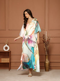 Women’s Peach & Green Satin V-Neck Kaftan Maxi Dress