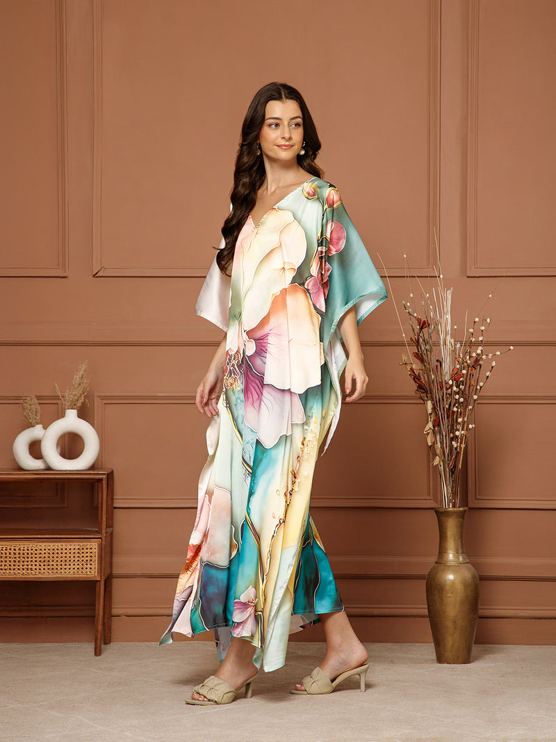 Women’s Peach & Green Satin V-Neck Kaftan Maxi Dress