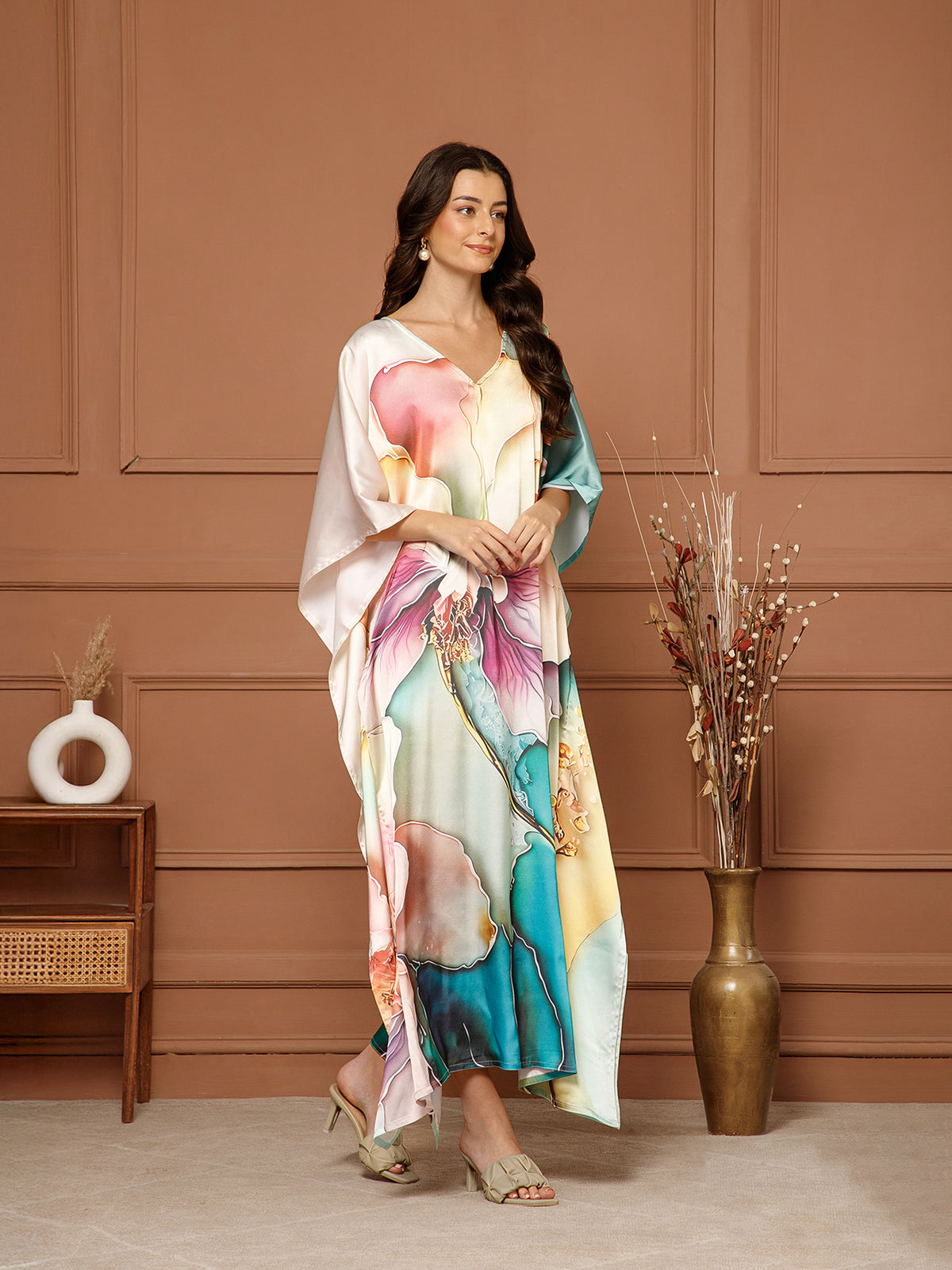 Women’s Peach & Green Satin V-Neck Kaftan Maxi Dress