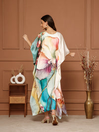 Women’s Peach & Green Satin V-Neck Kaftan Maxi Dress