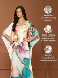 Women’s Peach & Green Satin V-Neck Kaftan Maxi Dress