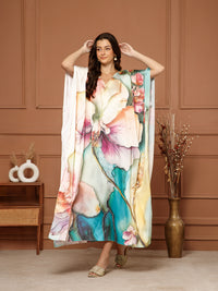 Women’s Peach & Green Satin V-Neck Kaftan Maxi Dress