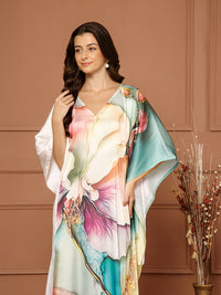 Women’s Peach & Green Satin V-Neck Kaftan Maxi Dress
