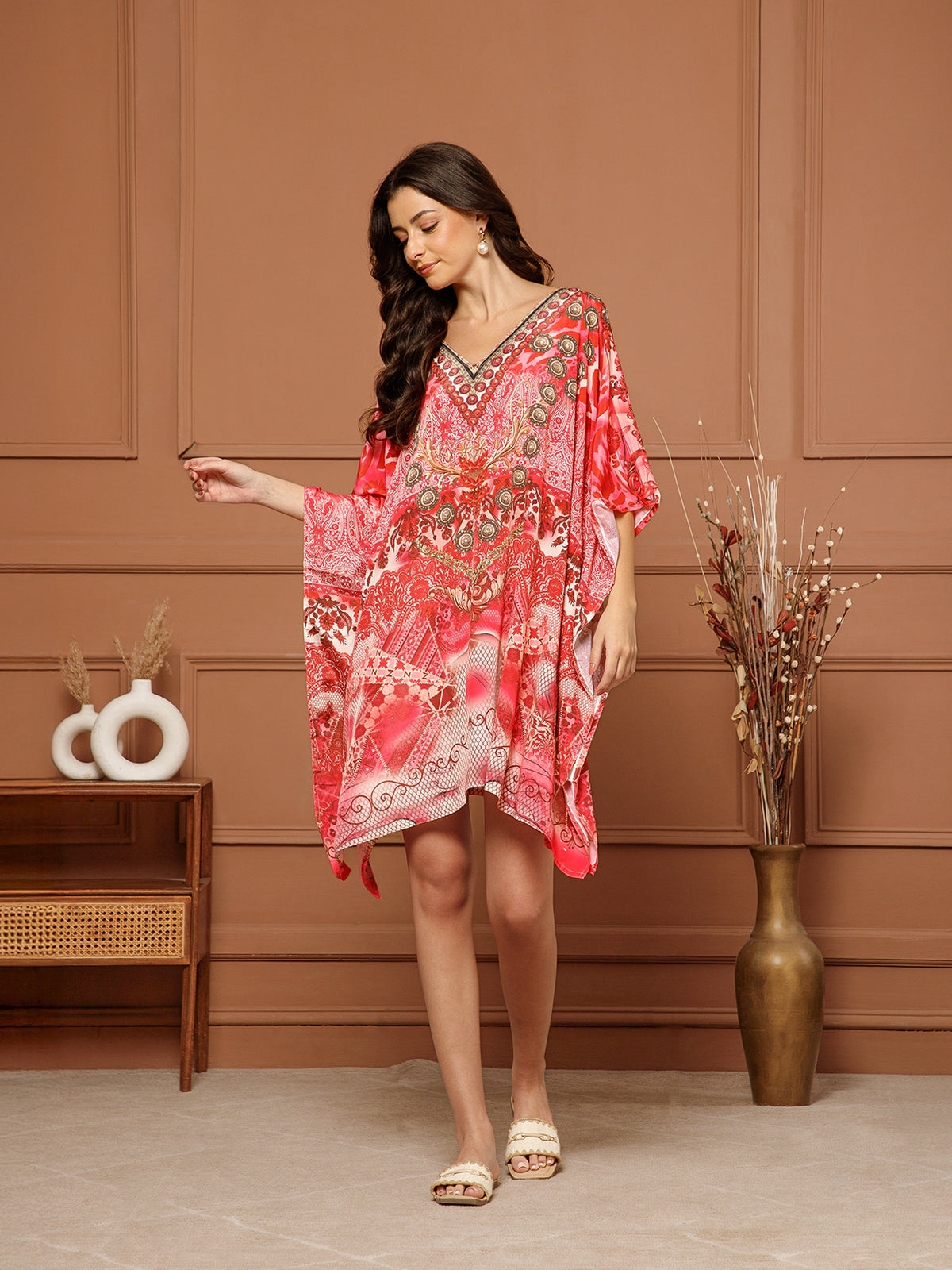 Women’s Red Poly Silk V-Neck Kaftan Midi Dress