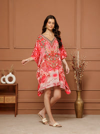 Women’s Red Poly Silk V-Neck Kaftan Midi Dress