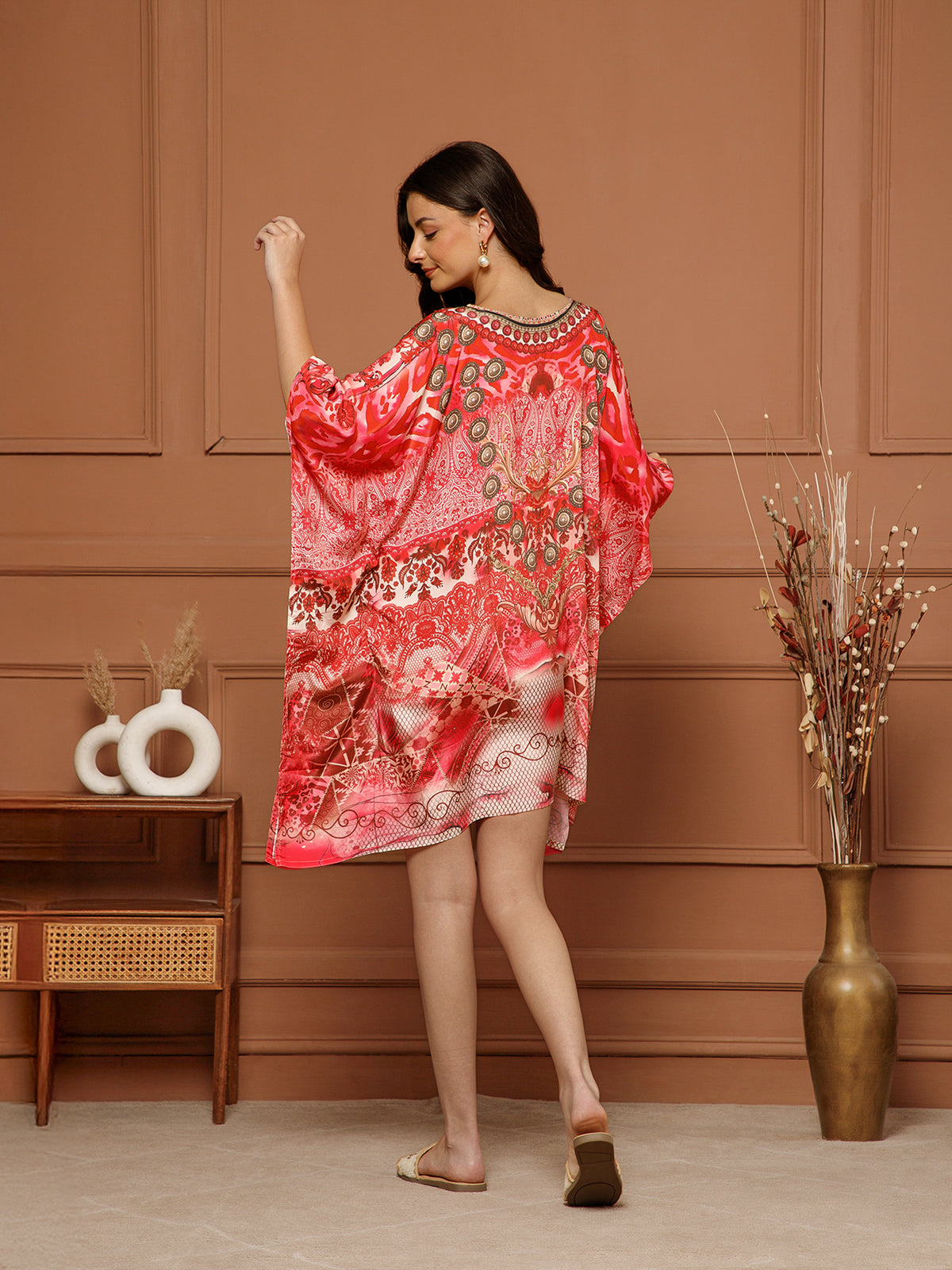 Women’s Red Poly Silk V-Neck Kaftan Midi Dress