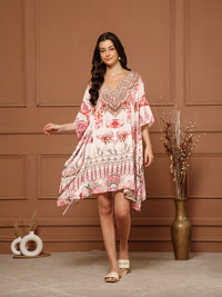 Women’s Blush Pink Poly Silk V-Neck Kaftan Midi Dress