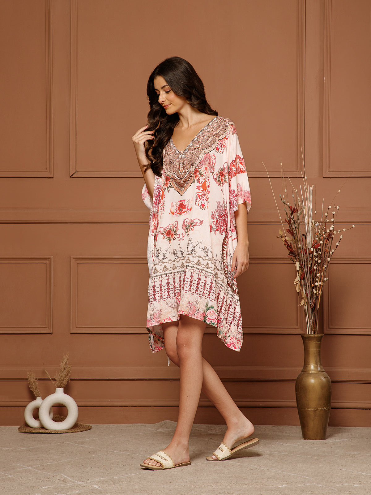 Women’s Blush Pink Poly Silk V-Neck Kaftan Midi Dress