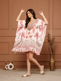 Women’s Blush Pink Poly Silk V-Neck Kaftan Midi Dress
