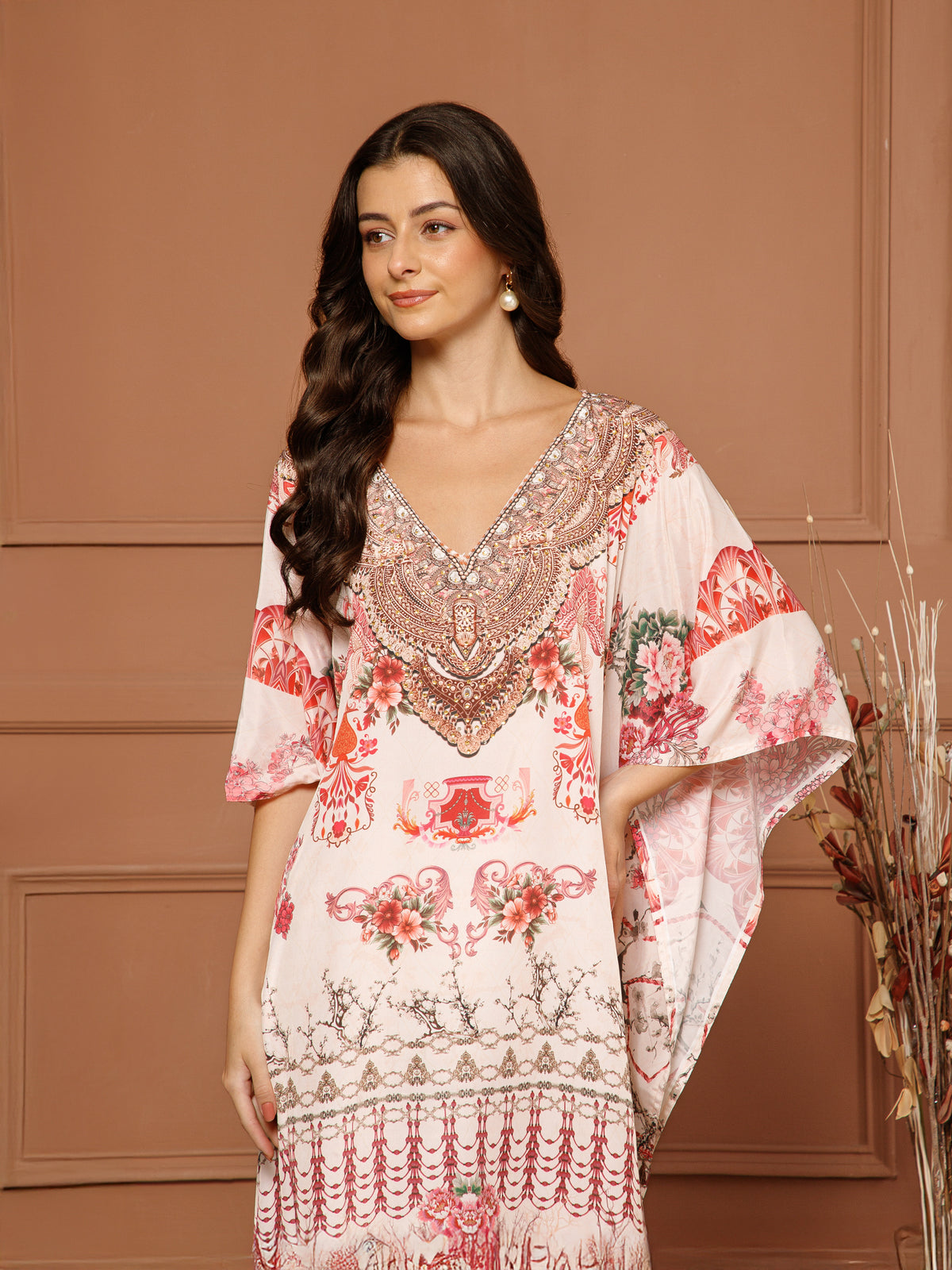 Women’s Blush Pink Poly Silk V-Neck Kaftan Midi Dress