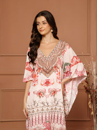 Women’s Blush Pink Poly Silk V-Neck Kaftan Midi Dress