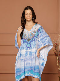 Women’s Sky Blue Poly Silk V-Neck Kaftan Midi Dress