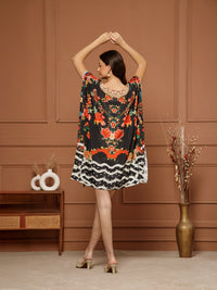 Women’s Black Poly Silk V-Neck Kaftan Midi Dress