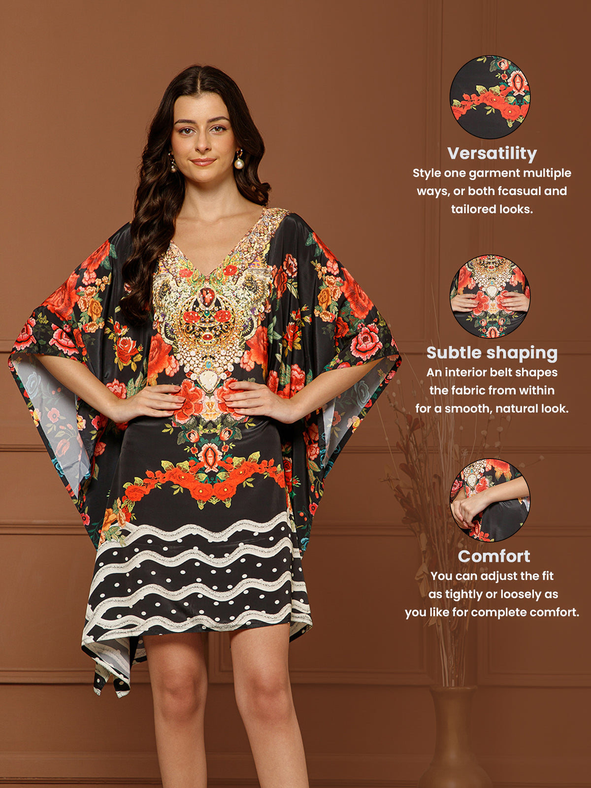 Women’s Black Poly Silk V-Neck Kaftan Midi Dress