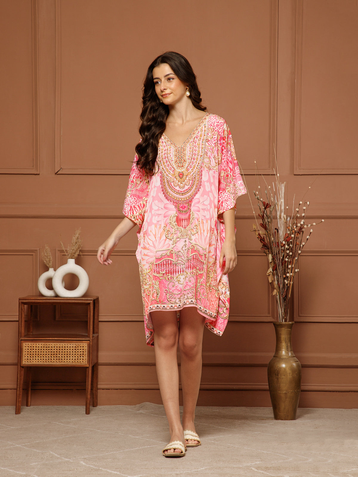 Women’s Pink Poly Silk V-Neck Kaftan Midi Dress