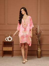 Women’s Pink Poly Silk V-Neck Kaftan Midi Dress