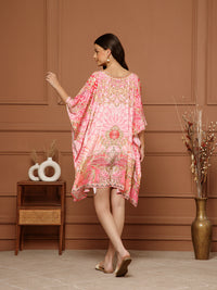 Women’s Pink Poly Silk V-Neck Kaftan Midi Dress