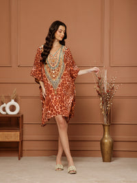 Women’s Brown Poly Silk V-Neck Kaftan Midi Dress