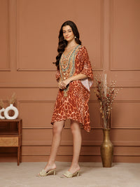 Women’s Brown Poly Silk V-Neck Kaftan Midi Dress