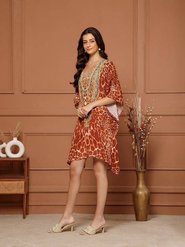 Women’s Brown Poly Silk V-Neck Kaftan Midi Dress