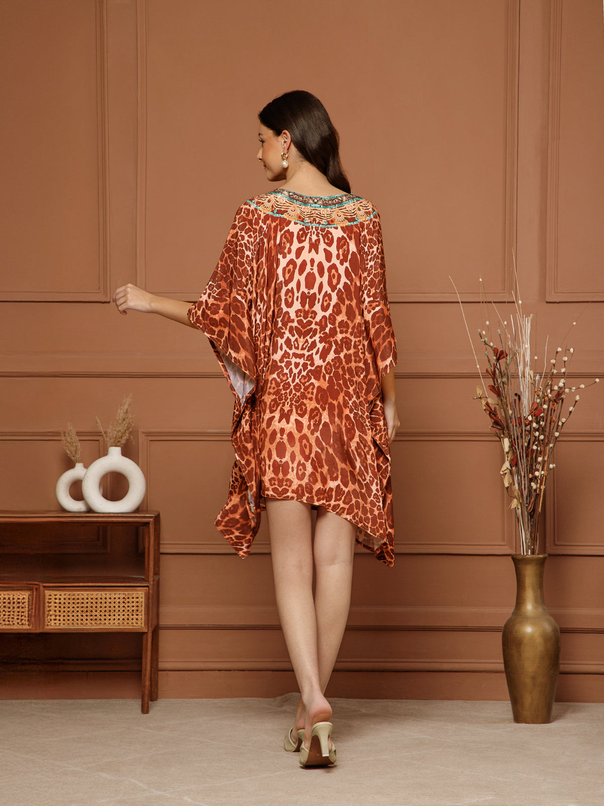 Women’s Brown Poly Silk V-Neck Kaftan Midi Dress