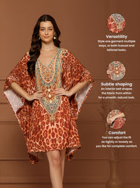 Women’s Brown Poly Silk V-Neck Kaftan Midi Dress