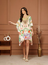 Women’s Multicolor Poly Silk V-Neck Kaftan Midi Dress