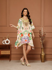 Women’s Multicolor Poly Silk V-Neck Kaftan Midi Dress