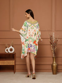 Women’s Multicolor Poly Silk V-Neck Kaftan Midi Dress