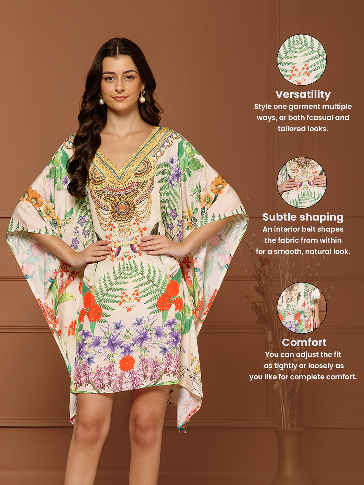 Women’s Multicolor Poly Silk V-Neck Kaftan Midi Dress