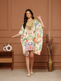 Women’s Multicolor Poly Silk V-Neck Kaftan Midi Dress