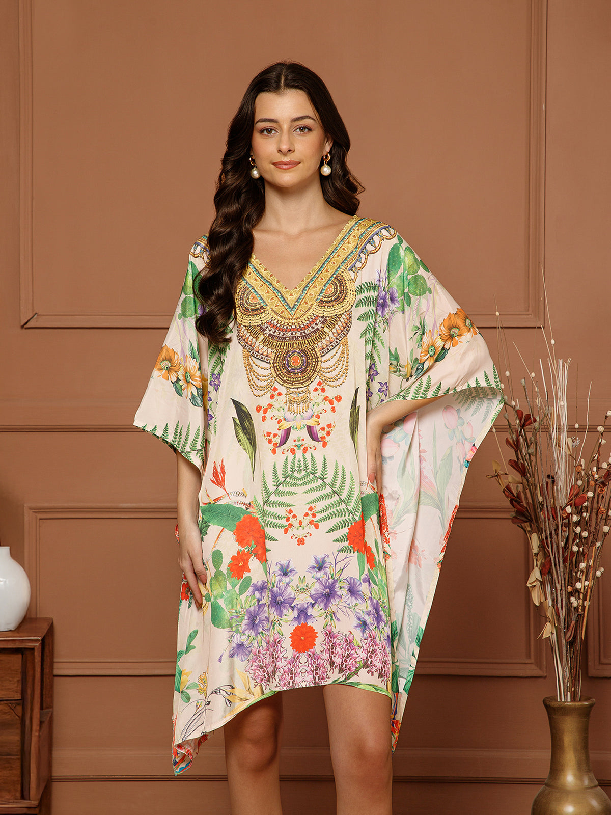 Women’s Multicolor Poly Silk V-Neck Kaftan Midi Dress