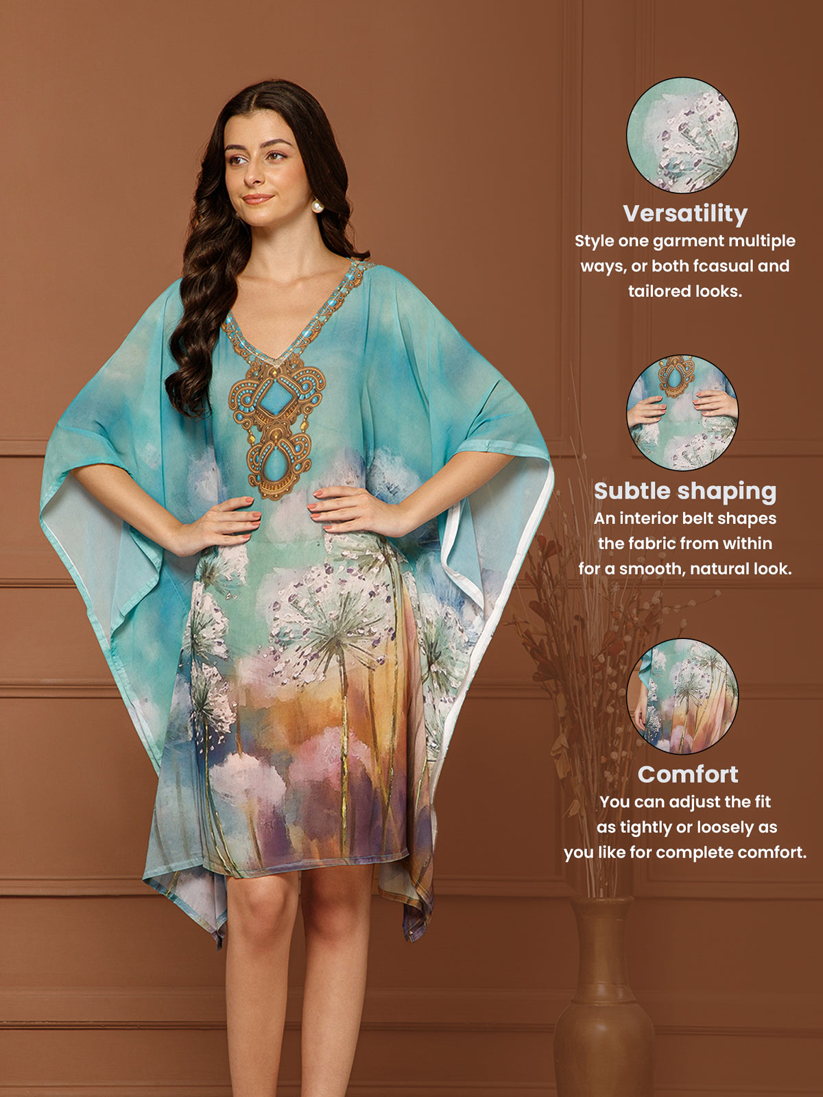 Women's Aqua Blue Georgette V-Neck Kaftan Midi Dress