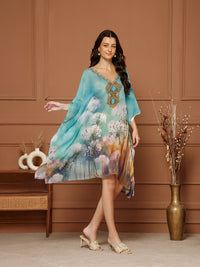Women's Aqua Blue Georgette V-Neck Kaftan Midi Dress