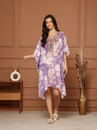 Women's Lavender Purple Georgette V-Neck Kaftan Midi Dress