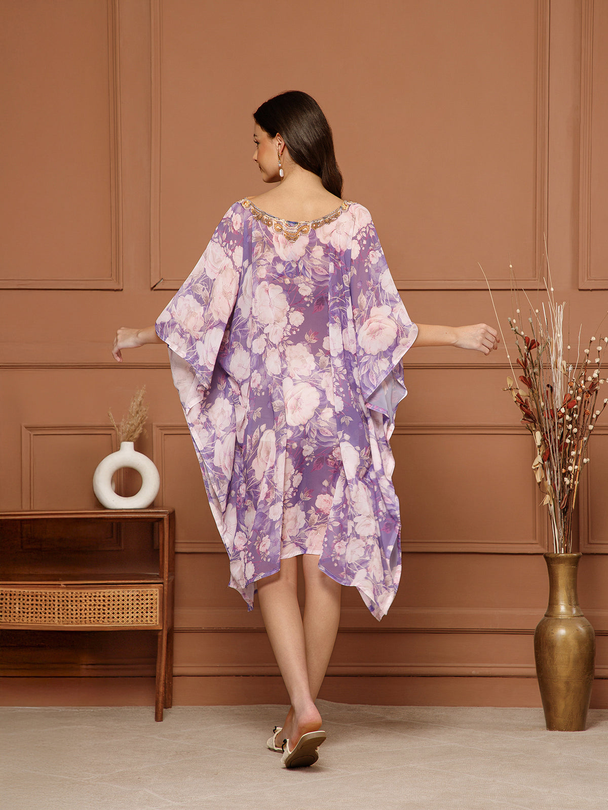 Women's Lavender Purple Georgette V-Neck Kaftan Midi Dress