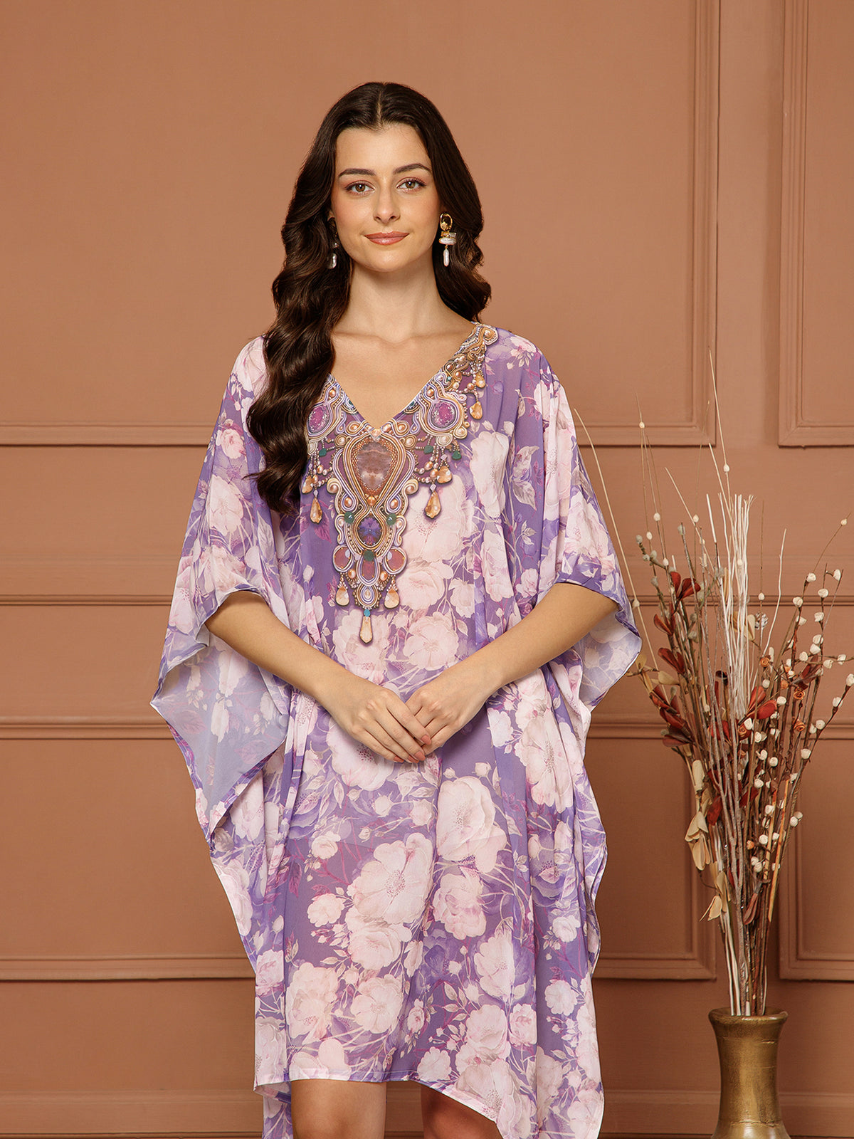Women's Lavender Purple Georgette V-Neck Kaftan Midi Dress