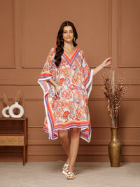 Women's Peach- Coral Georgette V-Neck Kaftan Midi Dress