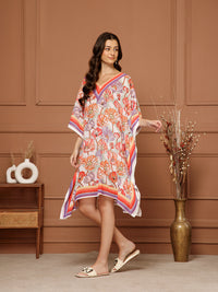 Women's Peach- Coral Georgette V-Neck Kaftan Midi Dress