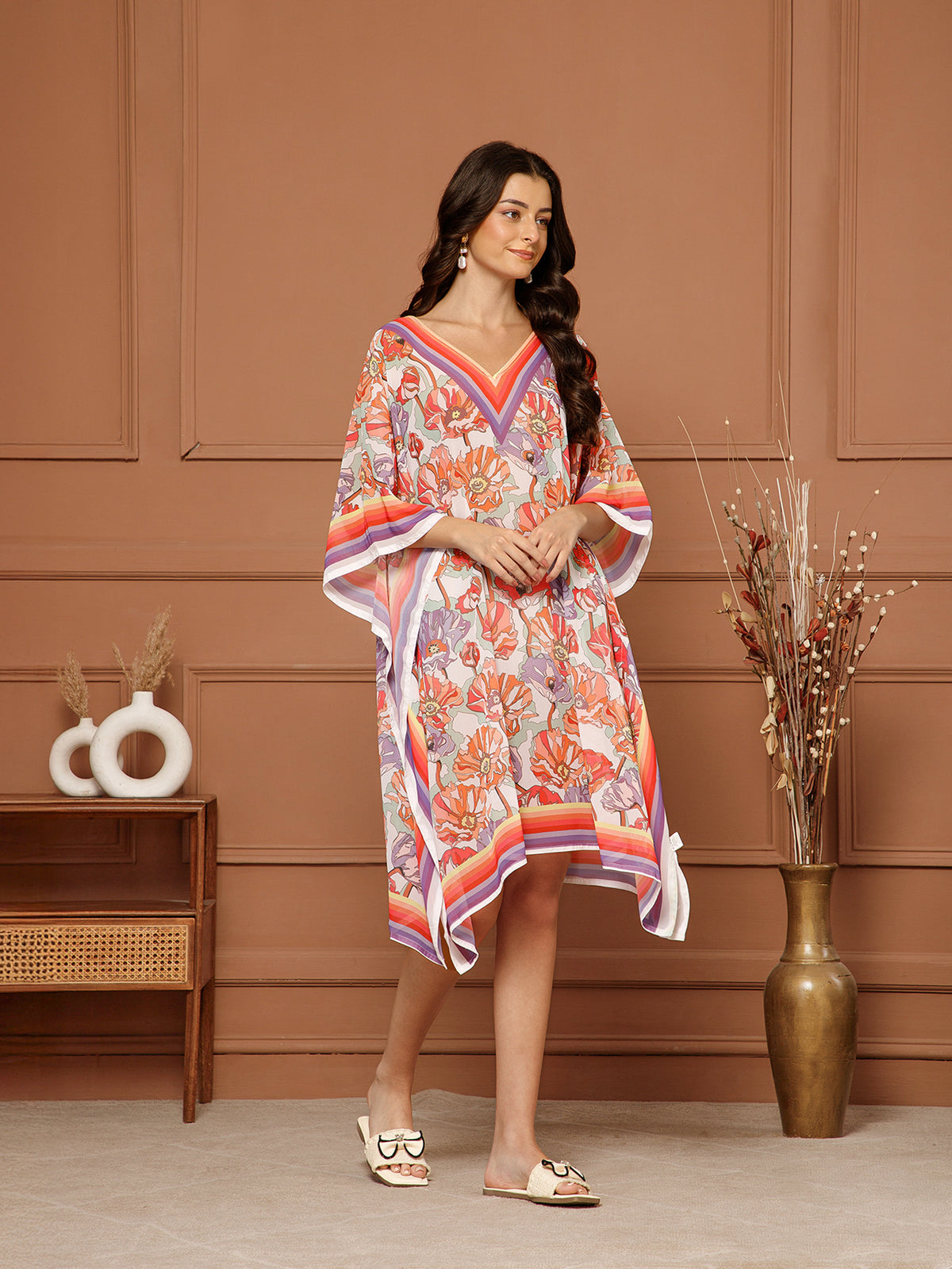 Women's Peach- Coral Georgette V-Neck Kaftan Midi Dress
