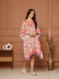 Women's Peach- Coral Georgette V-Neck Kaftan Midi Dress