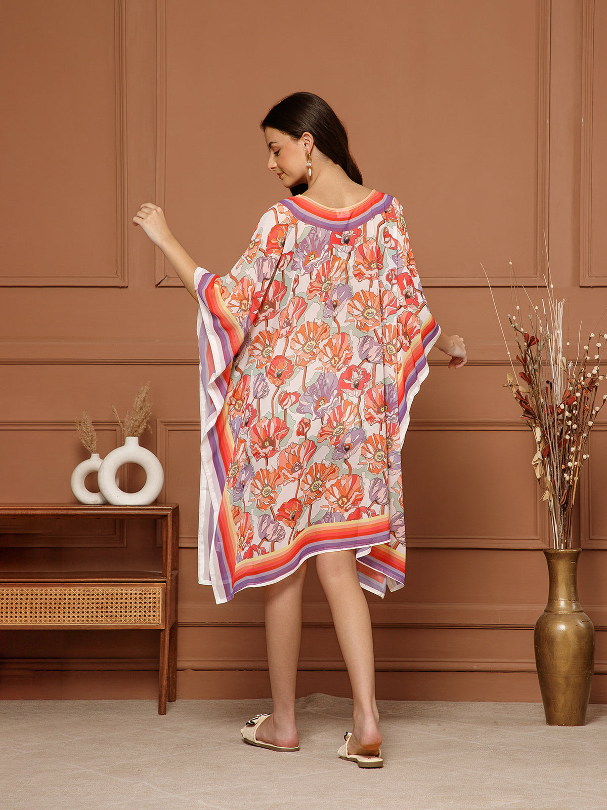 Women's Peach- Coral Georgette V-Neck Kaftan Midi Dress