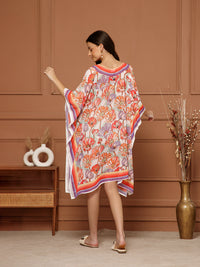 Women's Peach- Coral Georgette V-Neck Kaftan Midi Dress