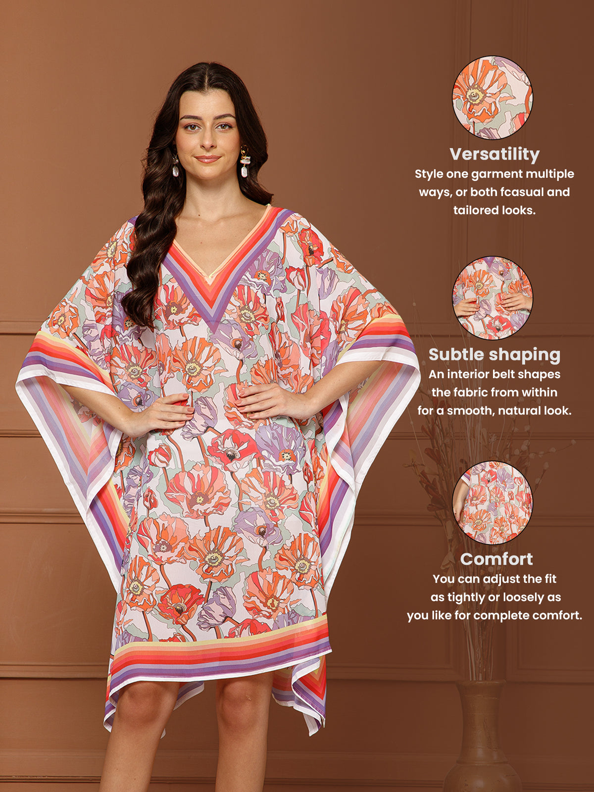 Women's Peach- Coral Georgette V-Neck Kaftan Midi Dress