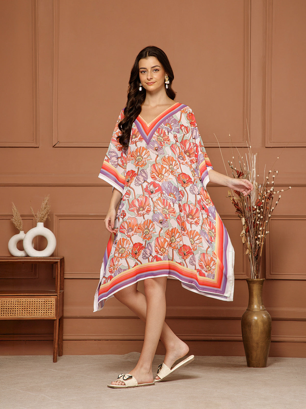 Women's Peach- Coral Georgette V-Neck Kaftan Midi Dress