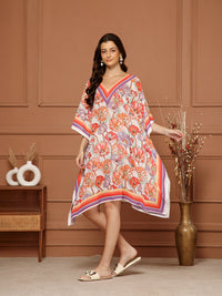 Women's Peach- Coral Georgette V-Neck Kaftan Midi Dress