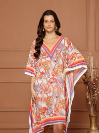 Women's Peach- Coral Georgette V-Neck Kaftan Midi Dress