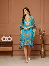 Women's Teal Blue V- Neck Kaftan Midi Dress