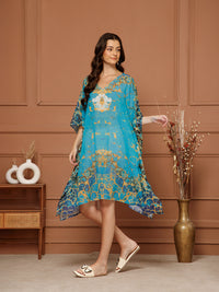 Women's Teal Blue V- Neck Kaftan Midi Dress